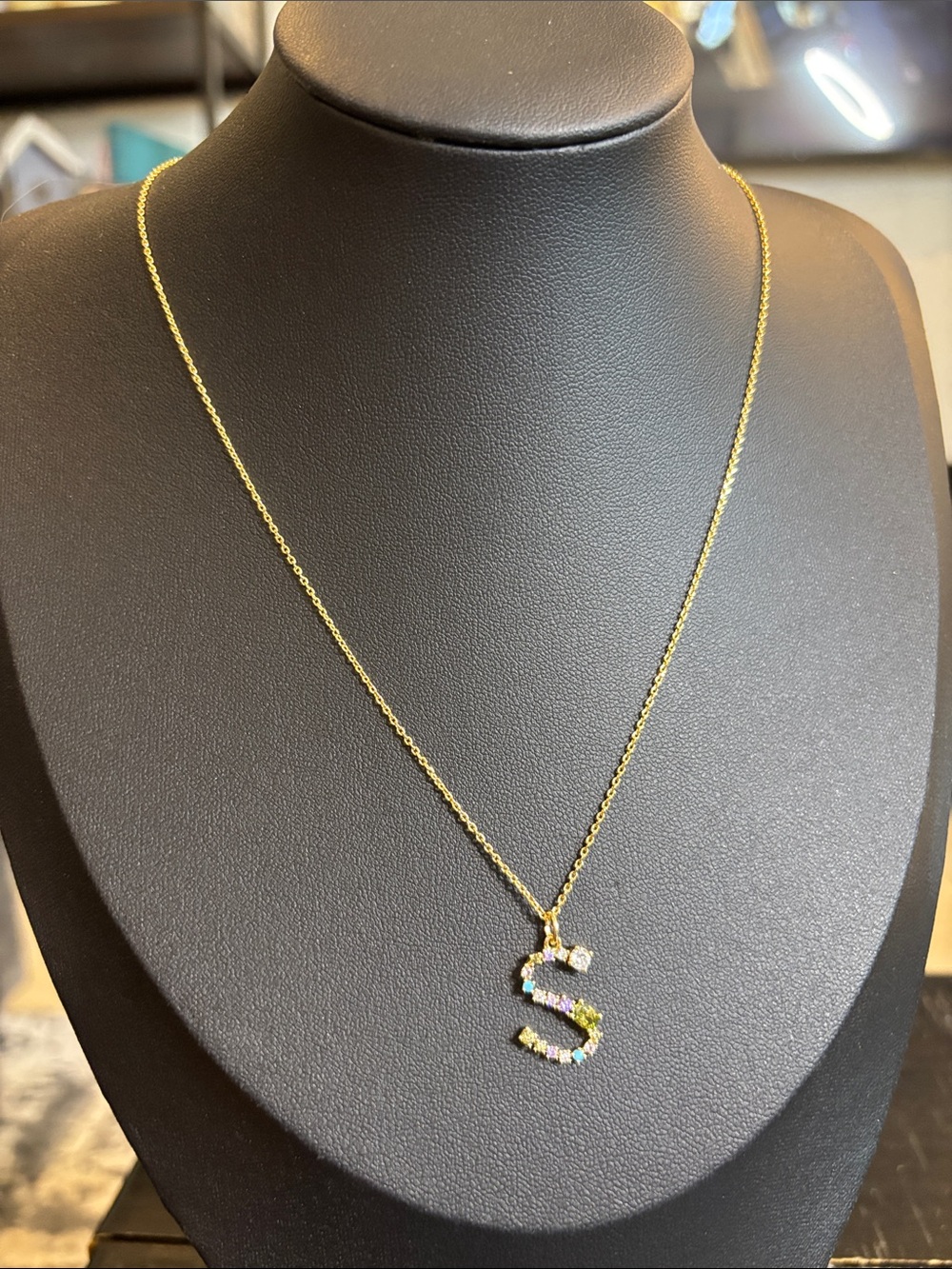 Dainty Gold Tone Cubic Zirconia Initial 'S' Pendant Necklace Multicolor Stones